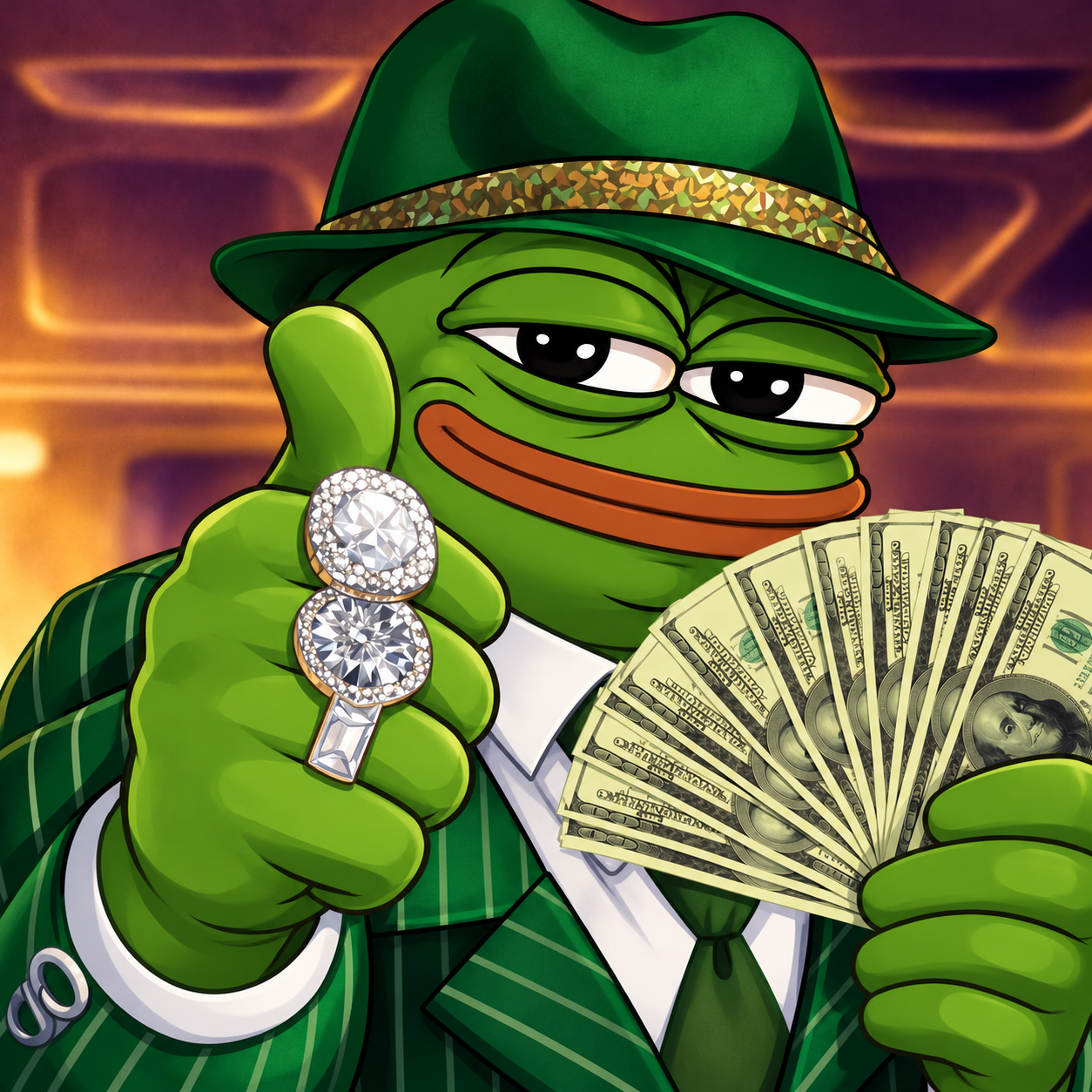 Pimp Pepe, a green frog dressed in a pinstripe suit with diamonds and cash